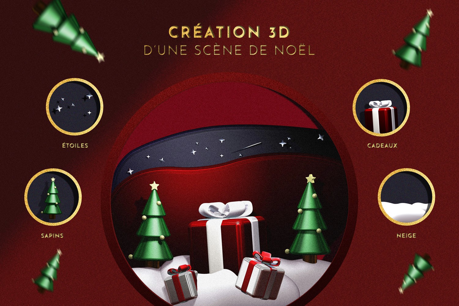 Visuel présentant les éléments 3D du menu de Noël : sapin, neige, cadeaux, étoiles