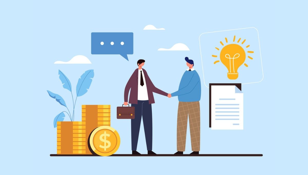 Illustration of two people shaking hands beside coins, a contract, and idea icons, representing paid work experience, salary growth, and the career benefits that come from professional opportunities.