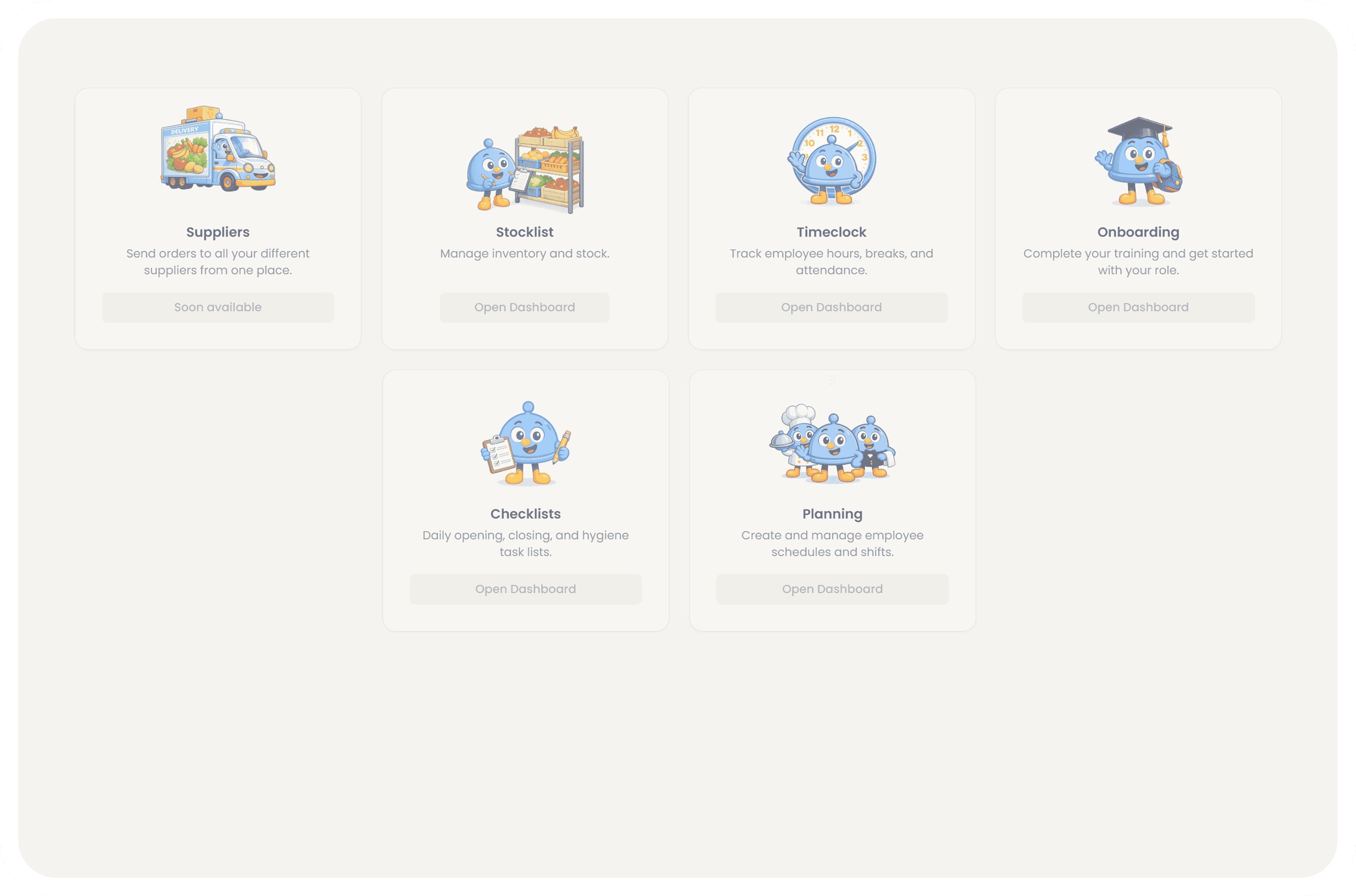The Moshi tools dashboard, showing Suppliers, Stocklist, Timeclock, Onboarding, Checklists and Planning