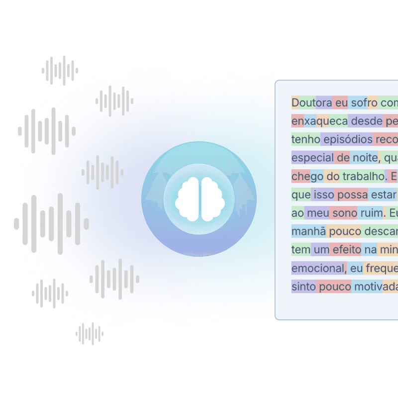 Diagrama mostrando do lado direito uma série de ondas de som, no meio o simbolo circular da omina e na direita um texto com partes iluminadas mostrando os seus tokens