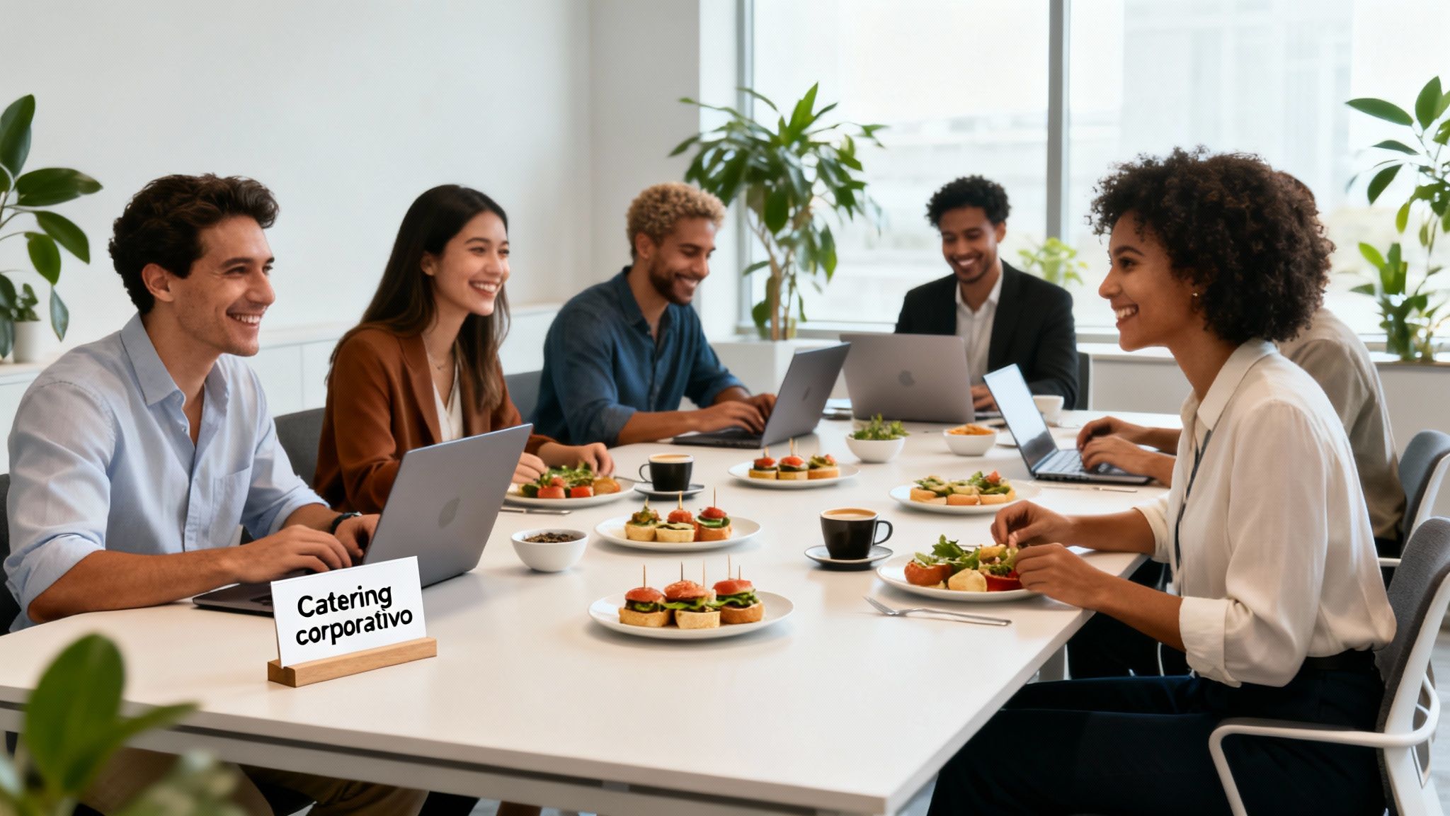 Grupo de jóvenes profesionales diversos sonríe mientras come y trabaja en una mesa de oficina con catering corporativo.