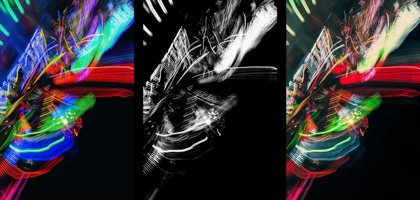 Demonstration of the three versions included in the Schrill pack: original colored, black and white, and alternative faded look.