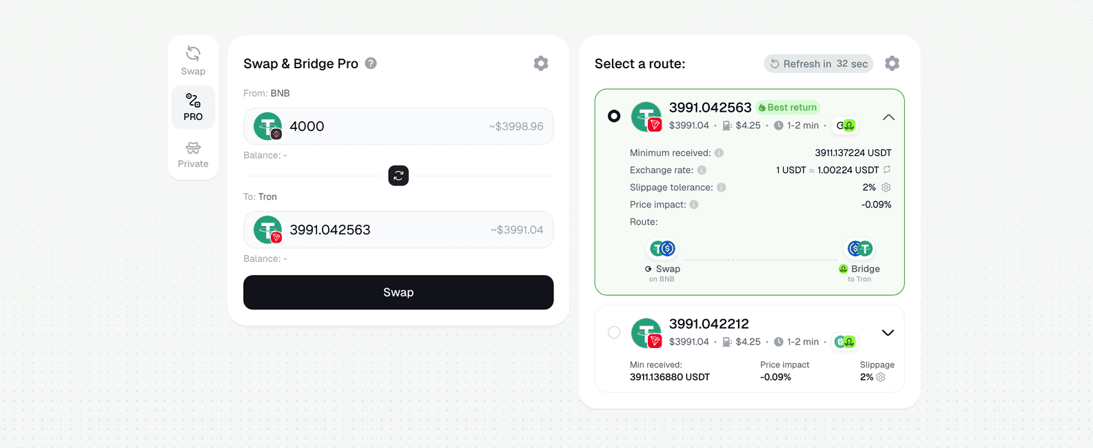 Bridge USDT TRC20 — live route in PRO mode: 4,000 USDT (BNB Chain) to 3,993.49 USDT (Tron) · Symbiosis