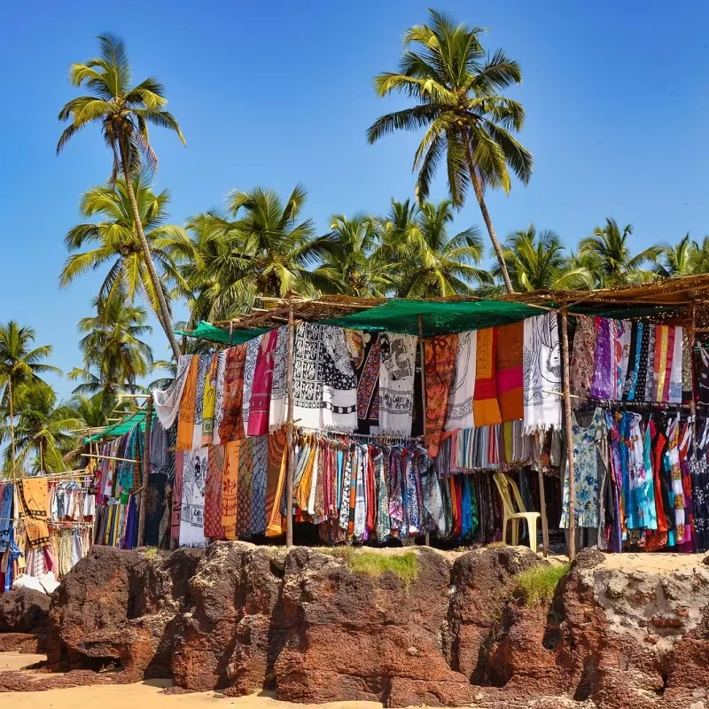 Beachside market with palm trees