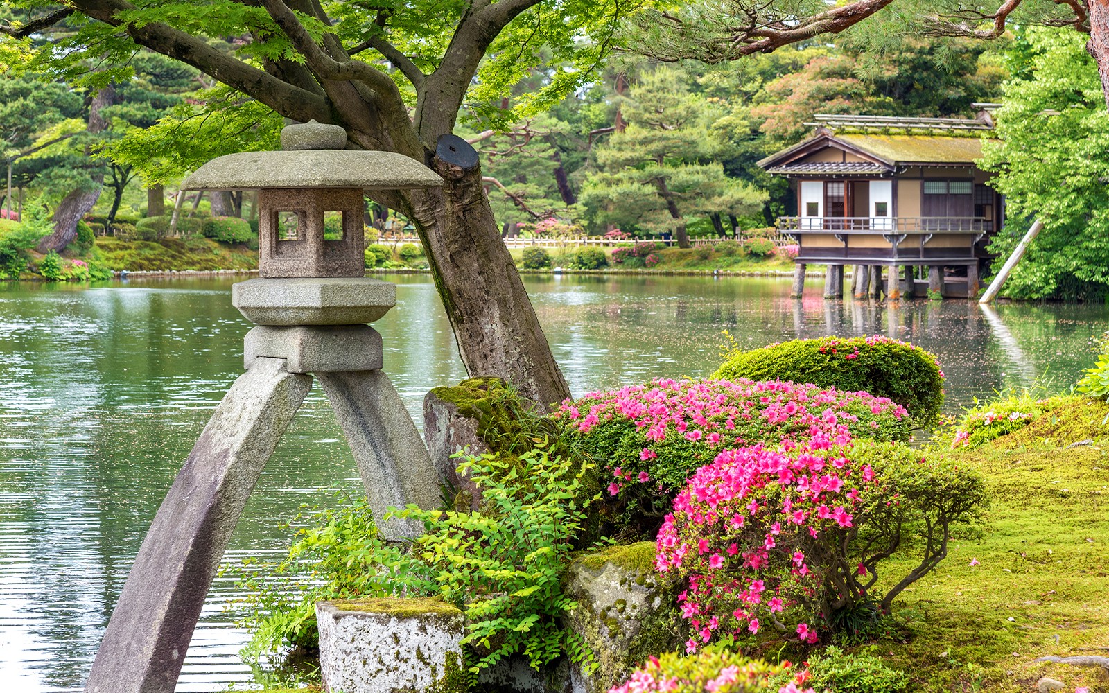 Puente del Jardín Kenrokuen sobre el estanque con exuberante vegetación en Kanazawa, Japón.