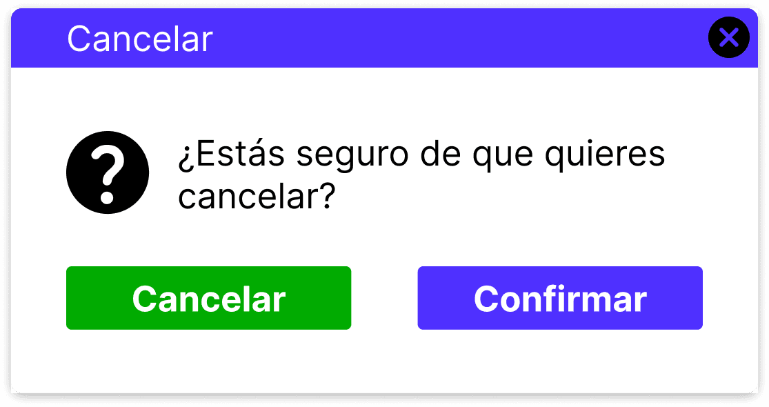 Imagen de ejemplo de un diálogo confuso, donde se pregunta "¿Estás seguro que quieres cancelar?" con las opciones "Cancelar" y "Confirmar"