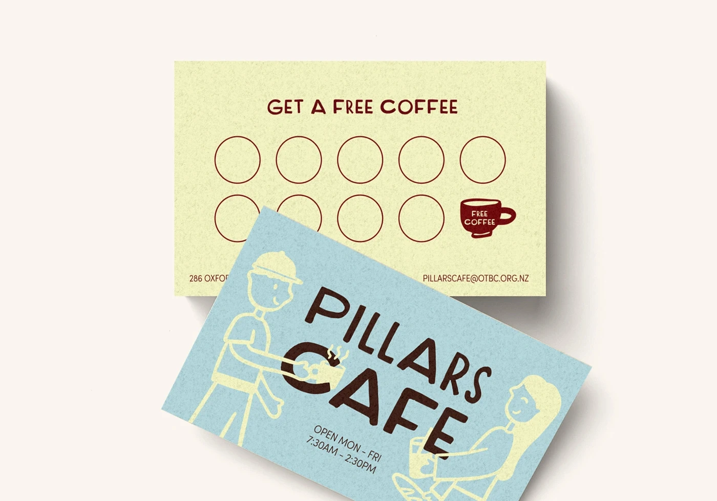 Pillars Cafe loyalty card and illustrated business card set.