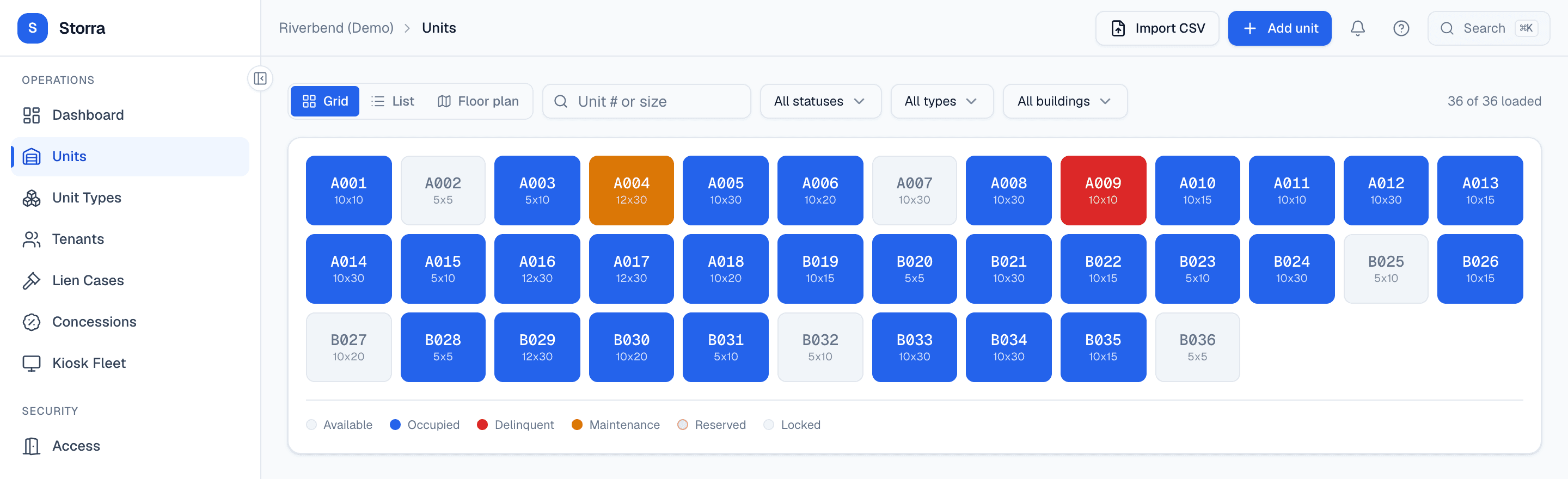 Storra units grid showing storage unit availability and status for a demo facility.