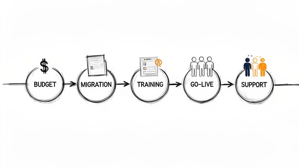 A five-step process diagram showing Budget, Migration, Training, Go-Live, and Support with corresponding icons.