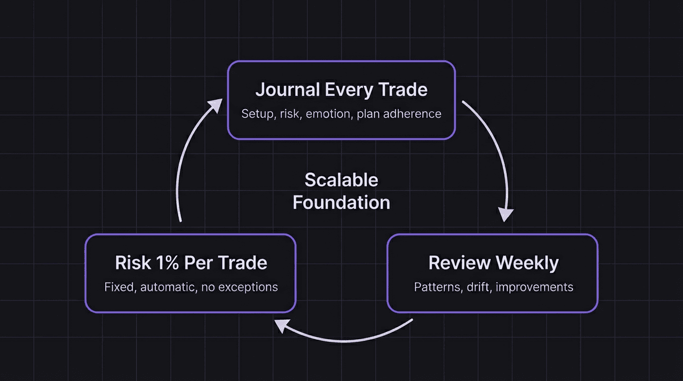 Diagram showing three foundational trading habits and how they connect in a continuous improvement loop