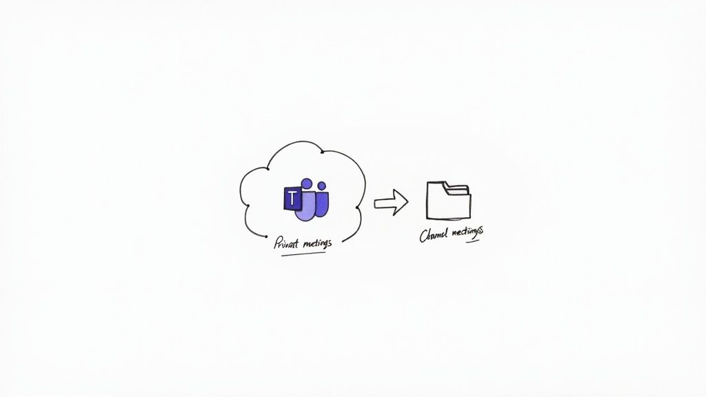 A diagram shows Microsoft Teams private meetings (in a cloud) moving to channel meetings (in a folder), illustrating recording locations.