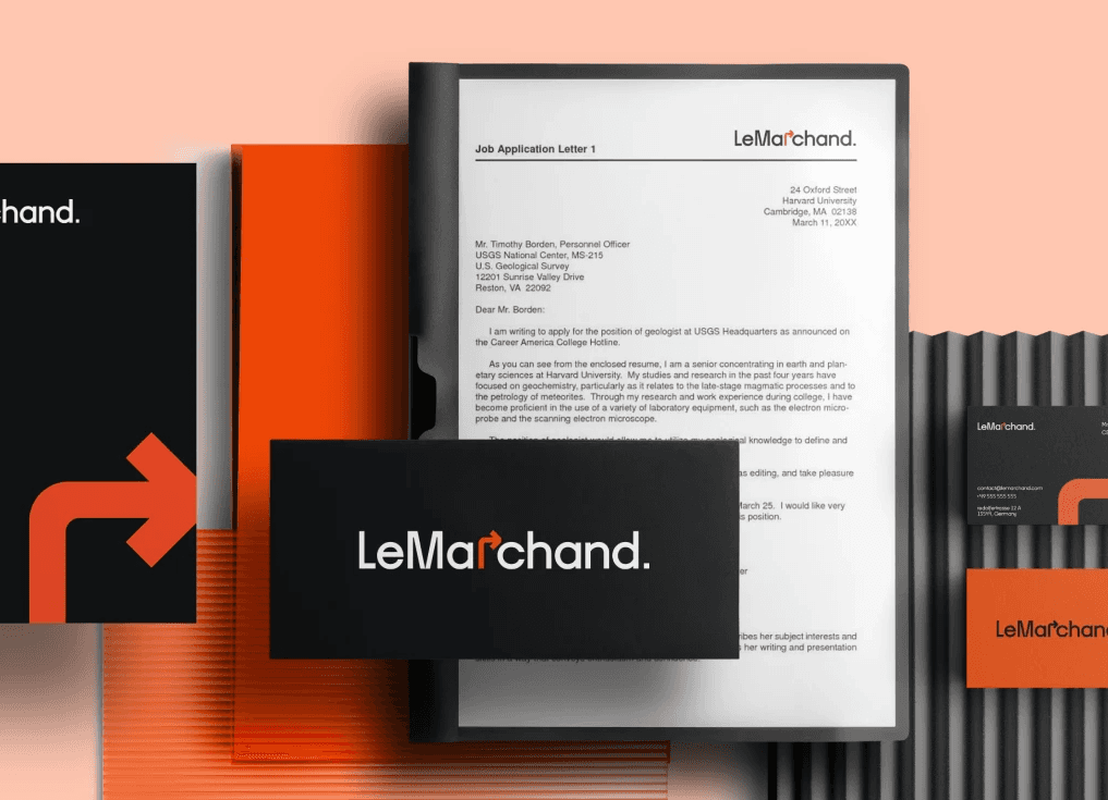 Professional stationery branding for LeMarchand featuring a minimalist logo on a black business card and matching letterhead layout.