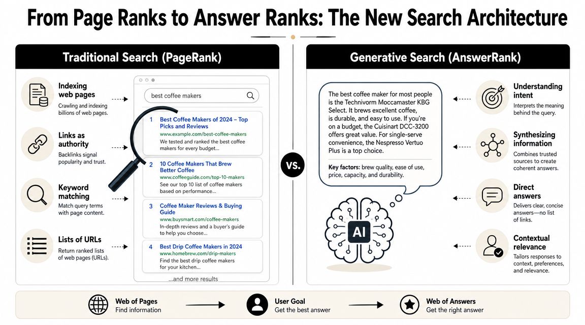 From Page Ranks to Answer Ranks The New Search Architecture