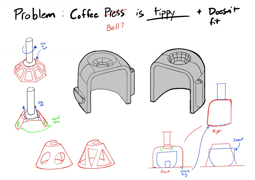 A set of sketches showing the ideation process for creating a consumer product.