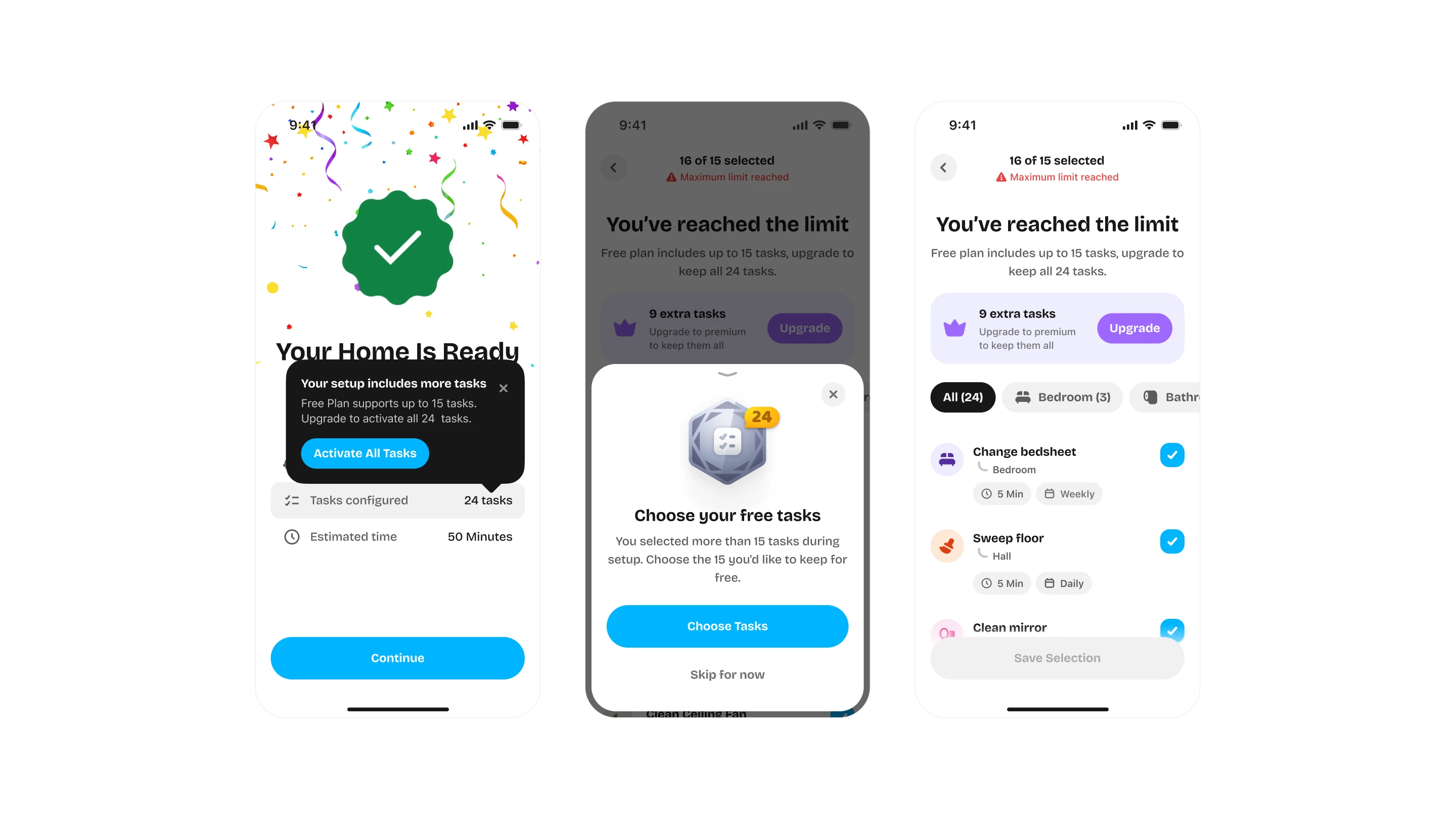 Upkee task limit screens showing free plan limits and options to select or upgrade tasks