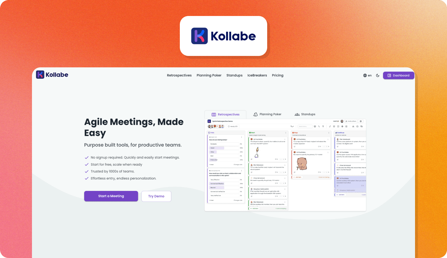 Kollabe homepage showing the tagline "Agile Meetings, Made Easy" with a dashboard preview of retrospectives, planning poker, and standups tools