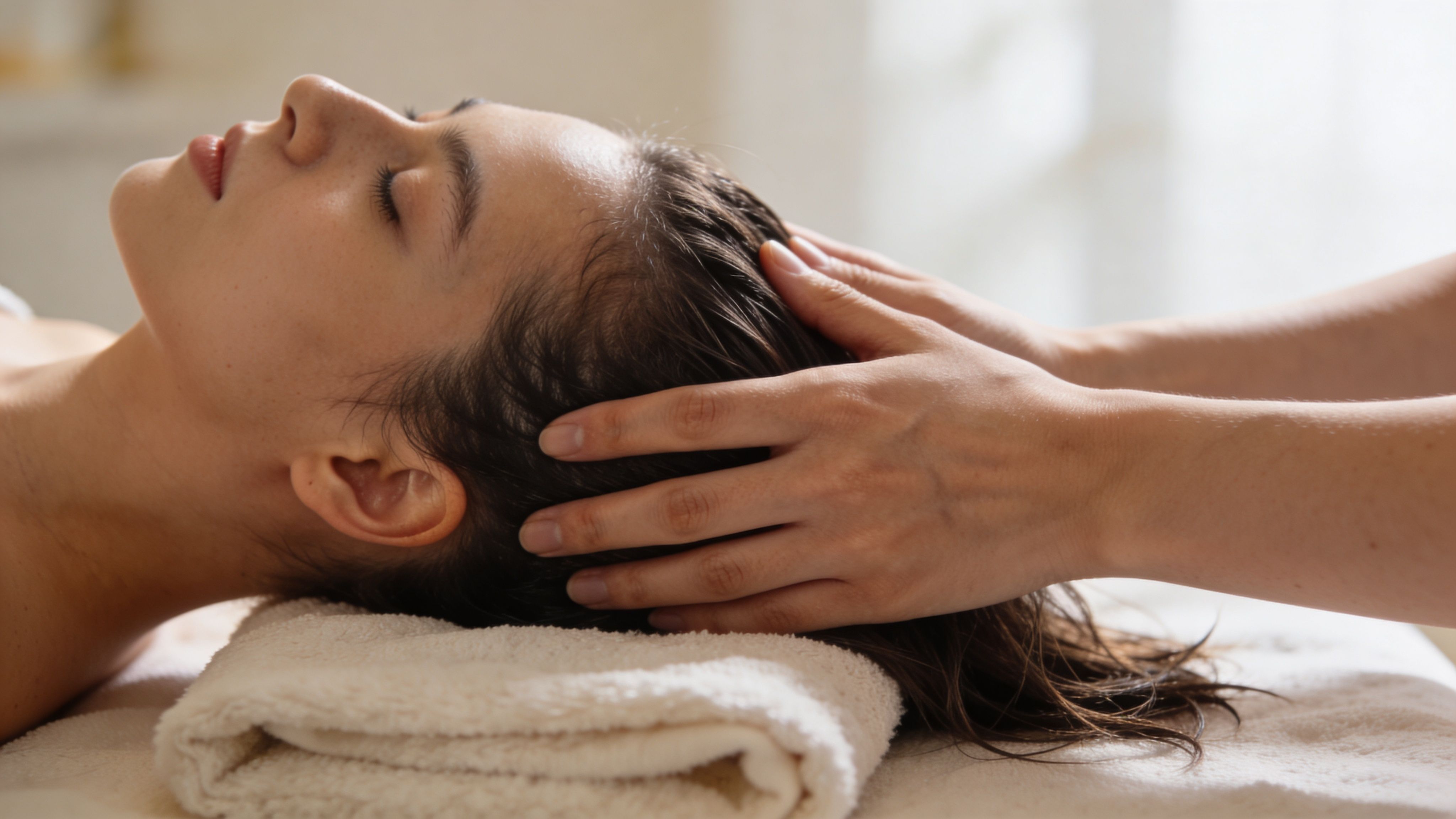 A professional massage therapist gently performs a relaxing scalp massage on a woman lying on a table.
