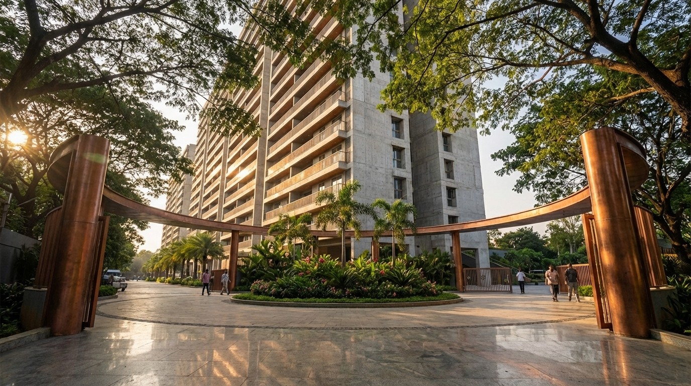 Infinity swimming pool at Prestige Vaishnaoi Rainbow Waters, Gachibowli, with panoramic views of Malkam Cheruvu Lake at golden hour