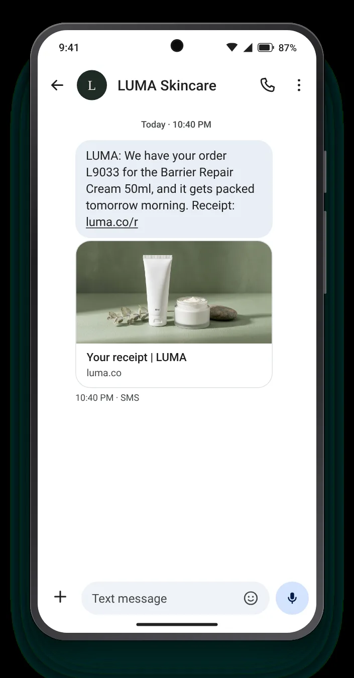 A single product, named in full order confirmation text on an Android phone