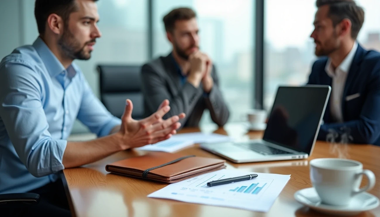 Drei Fachkräfte besprechen Geschäftsunterlagen und Diagramme an einem Konferenztisch mit einem Laptop und einer Kaffeetasse.