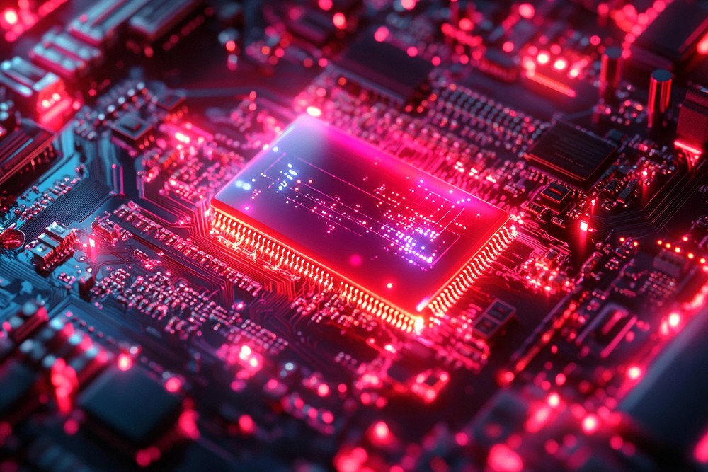 Red digital warning symbol glowing on a circuit board interface, representing active ransomware exploitation of the VMware ESXi CVE 2025 22225 vulnerability and hypervisor compromise.