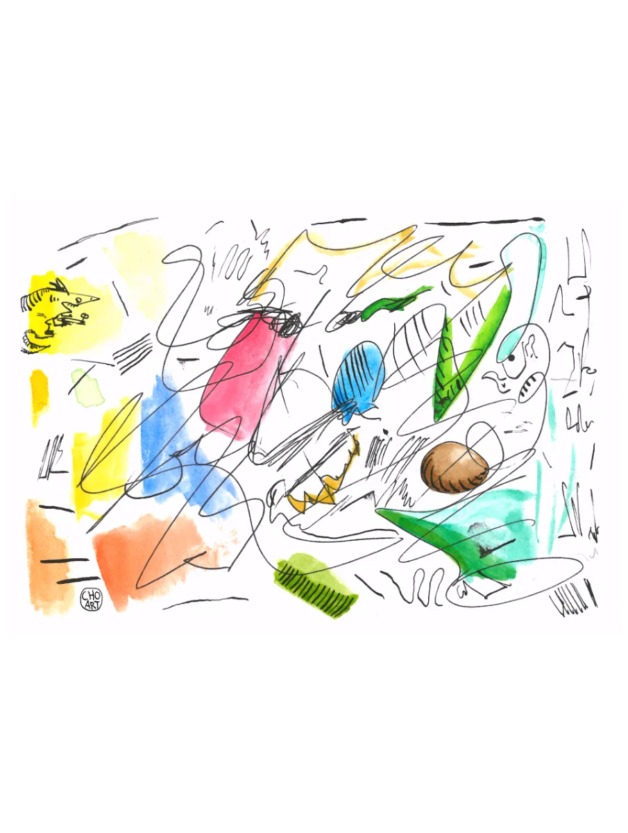 A ubstract painting with shapes and lines