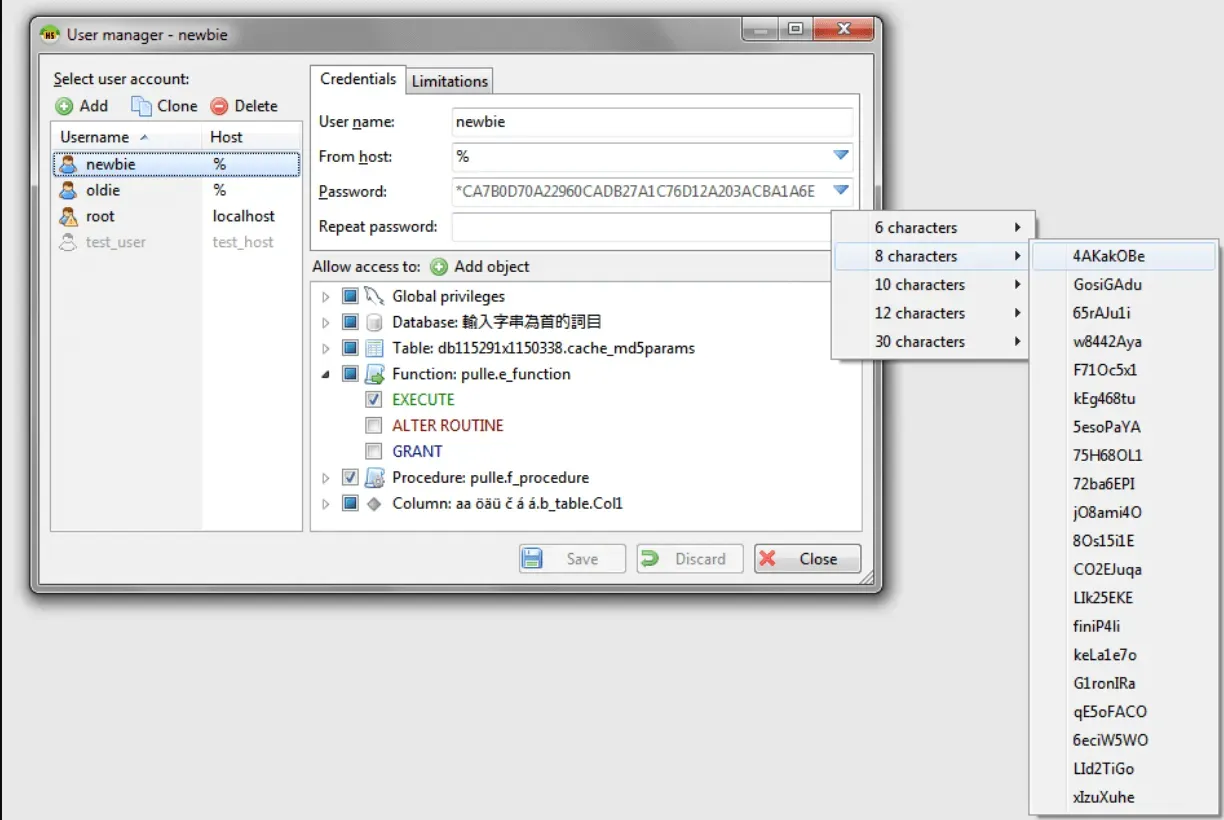 The HeidiSQL users management.