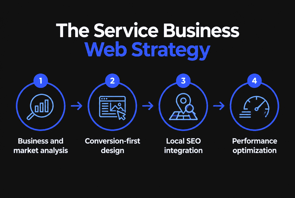 Infographic of how Savoir Management implements the service business web strategy: service pages, area pages, trust signals, booking and tracking