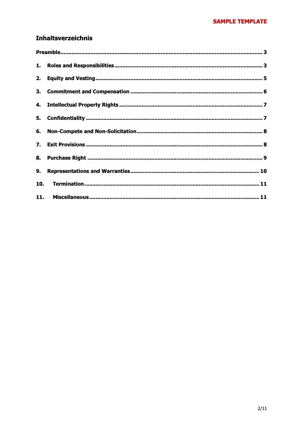 Co-Founder Agreement - Table of Contents