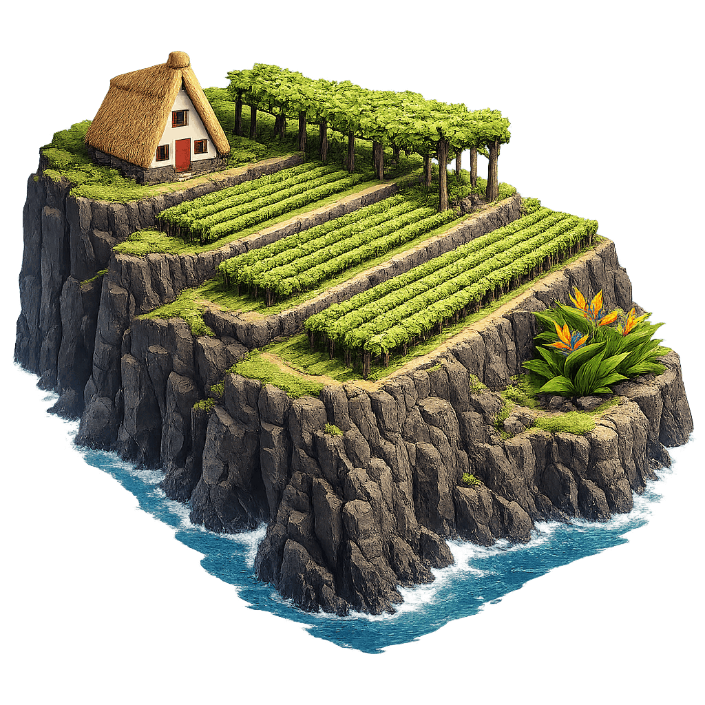 Artistic illustration of the Madeira wine region.