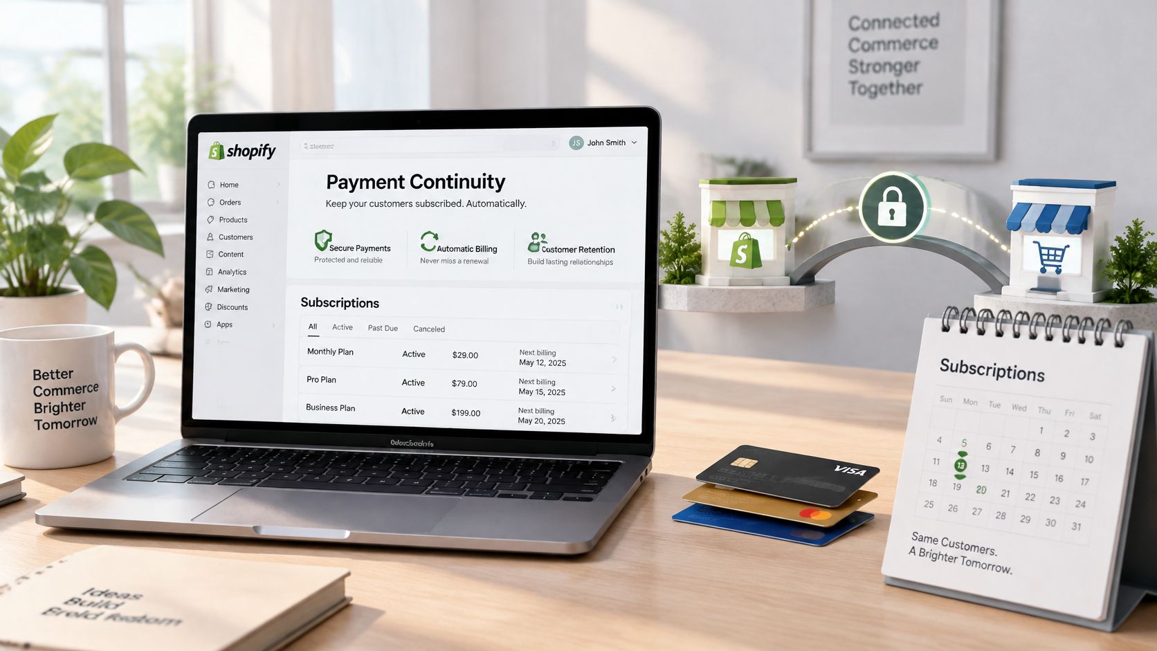 A Shopify dashboard on a laptop with a calendar and credit cards showing subscription payment continuity.