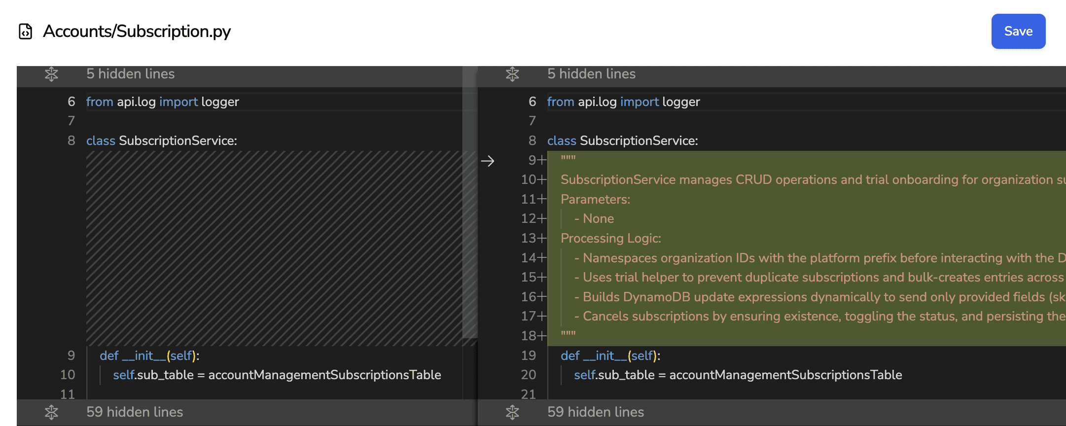 Side-by-side code view showing autogenerated docstring added to a class with highlighted changes and save option.