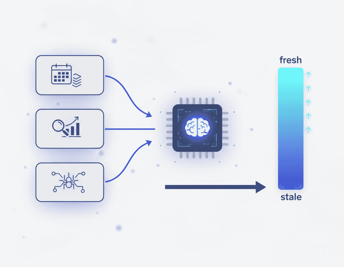 Diagram of three freshness signal groups funneling into an AI engine that ranks fresh content above stale.