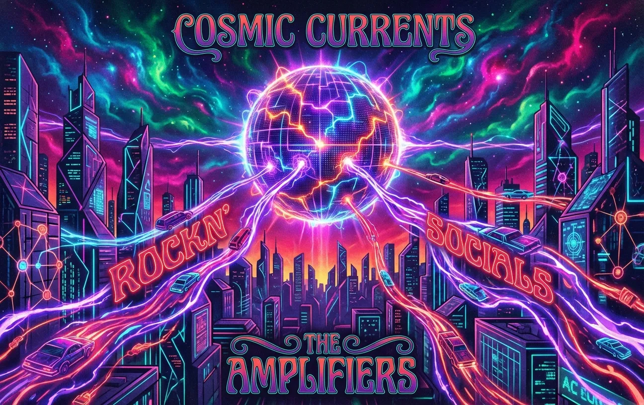 Neon cityscape with digital globe, showcasing RockN' Socials Digital Marketing Agency.