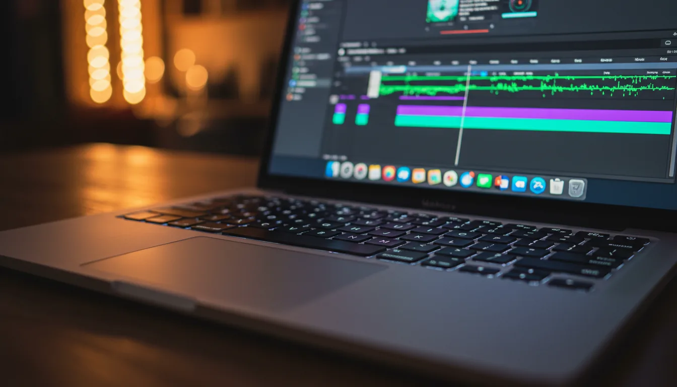 DSLR macro photograph from a very low angle, focusing on the keyboard of a silver MacBook Pro. The screen is brightly illuminated, displaying the Final Cut Pro user interface in dark mode, with a vibrant purple and green video editing timeline casting a colorful glow onto the keys. The scene is lit with moody, cinematic contrast and has an extremely shallow depth of field, bringing the laptop's keyboard into sharp focus while the top of the screen and the warm-toned background are blurred into a soft bokeh.