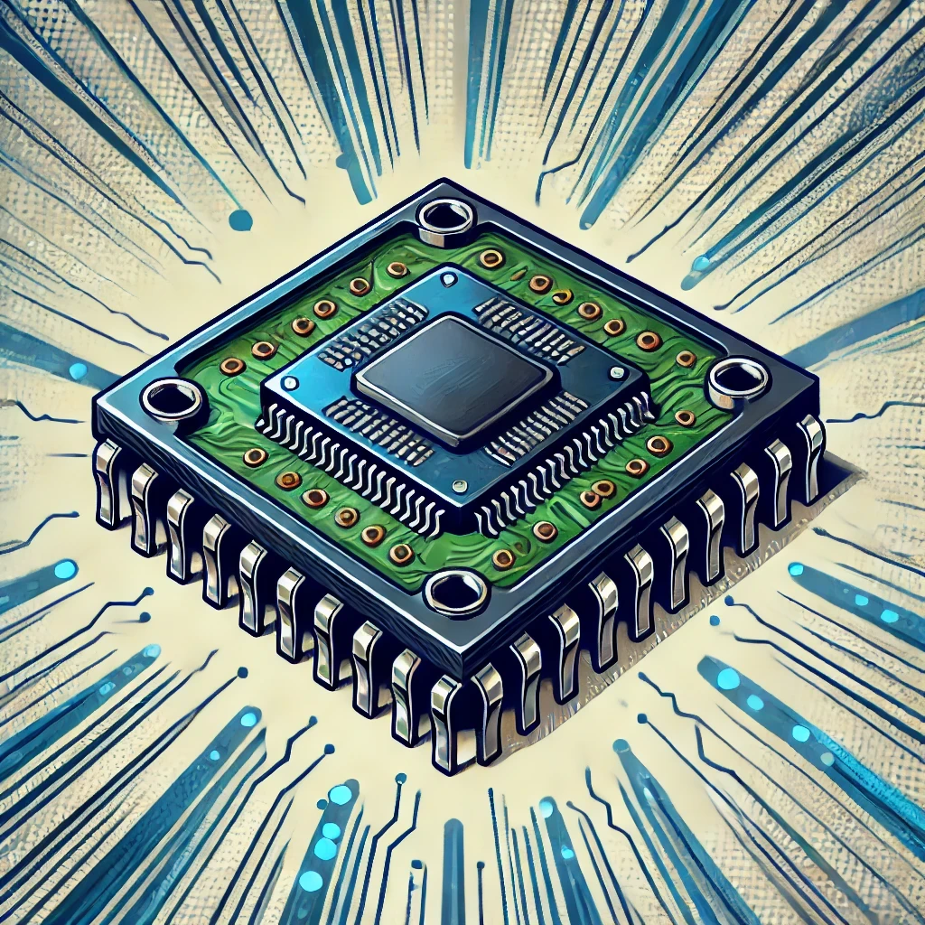 Semi-realistic, slightly comic-style illustration of an EMV Kernel with a dynamic microchip design.