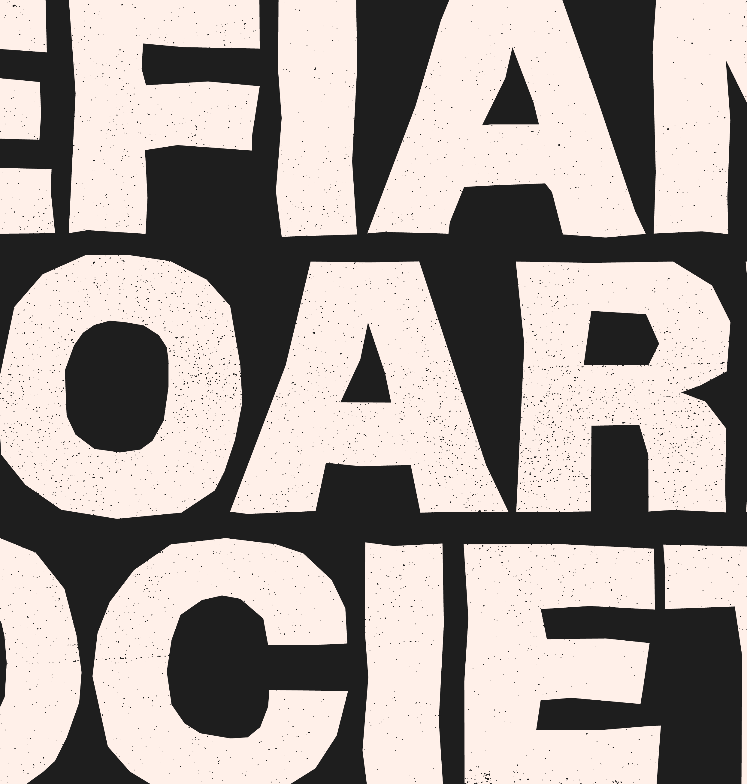 Close-up of bold, distressed Defiant Board Society typography in off-white on black