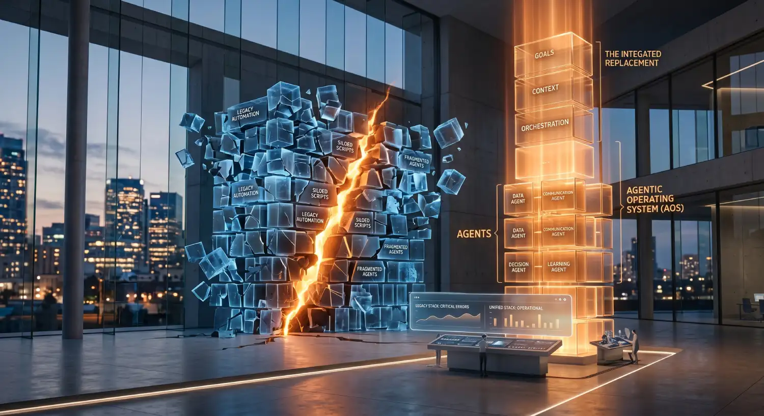 the agentic stack is breaking replaced by agentic operating system AOS - visual showing crumbling legacy automation siloed scripts and fragmented agents replaced by integrated AOS with goals context orchestration and data communication decision and learning agents