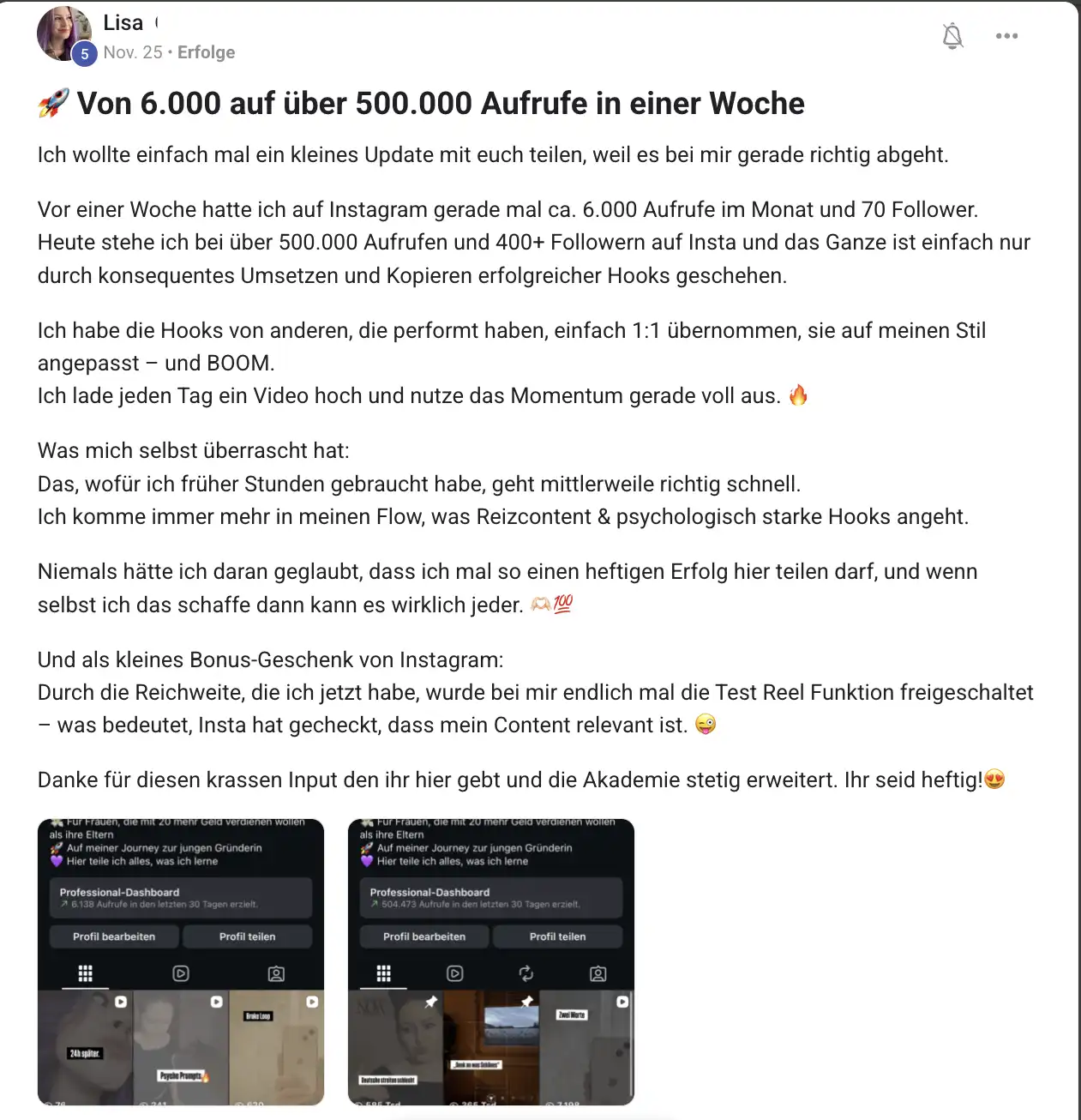 Erfahrungsbericht KI Creator Akademie: Gründerin Lisa steigert ihre Aufrufe in einer Woche auf über 500.000