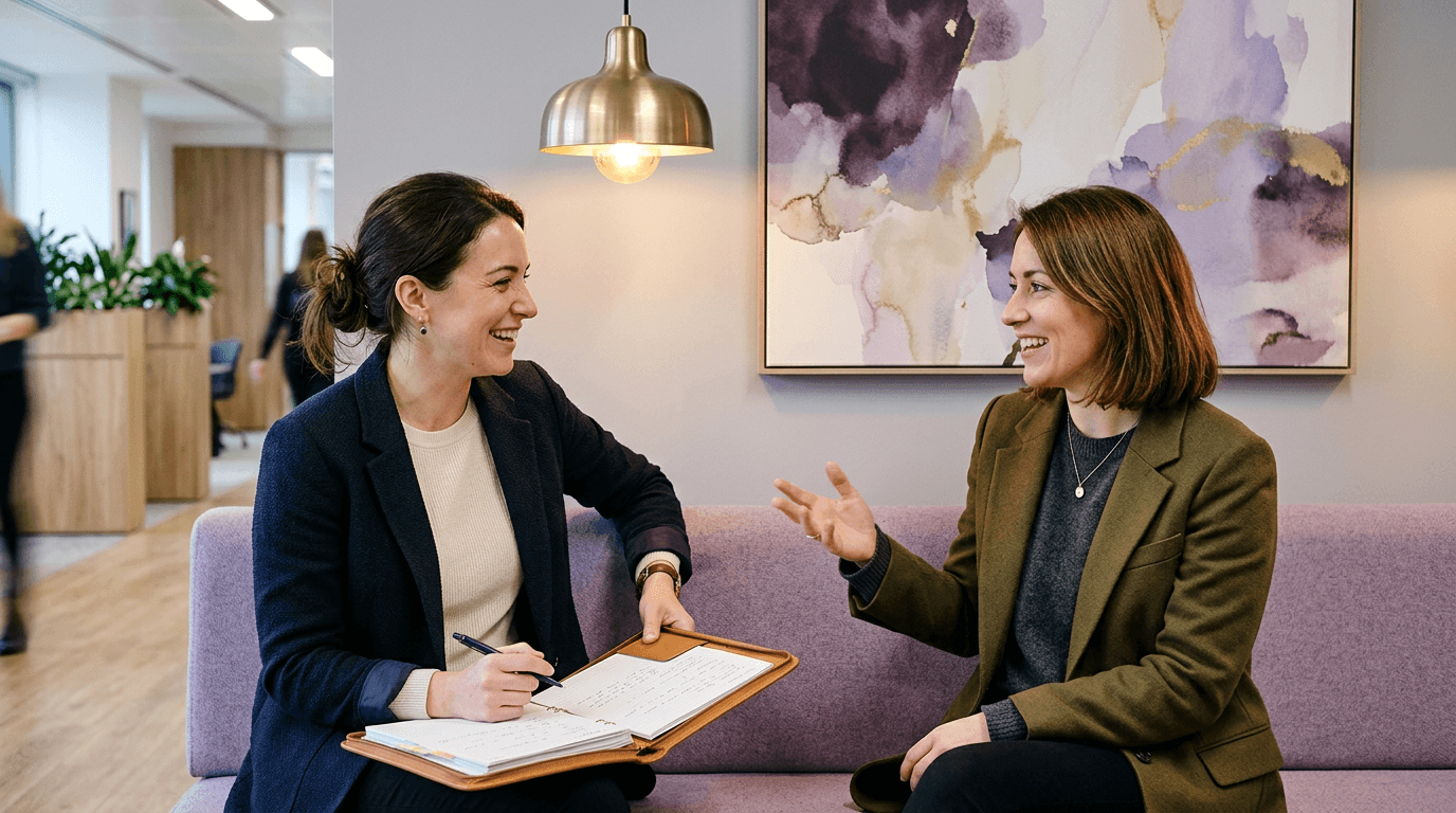 Two communications professionals in conversation on a lavender bench in a modern office breakout area
