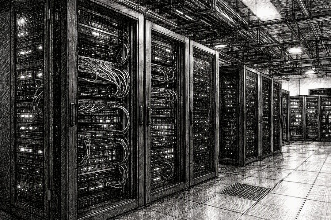 Cloud server rack infrastructure close-up in black and white style