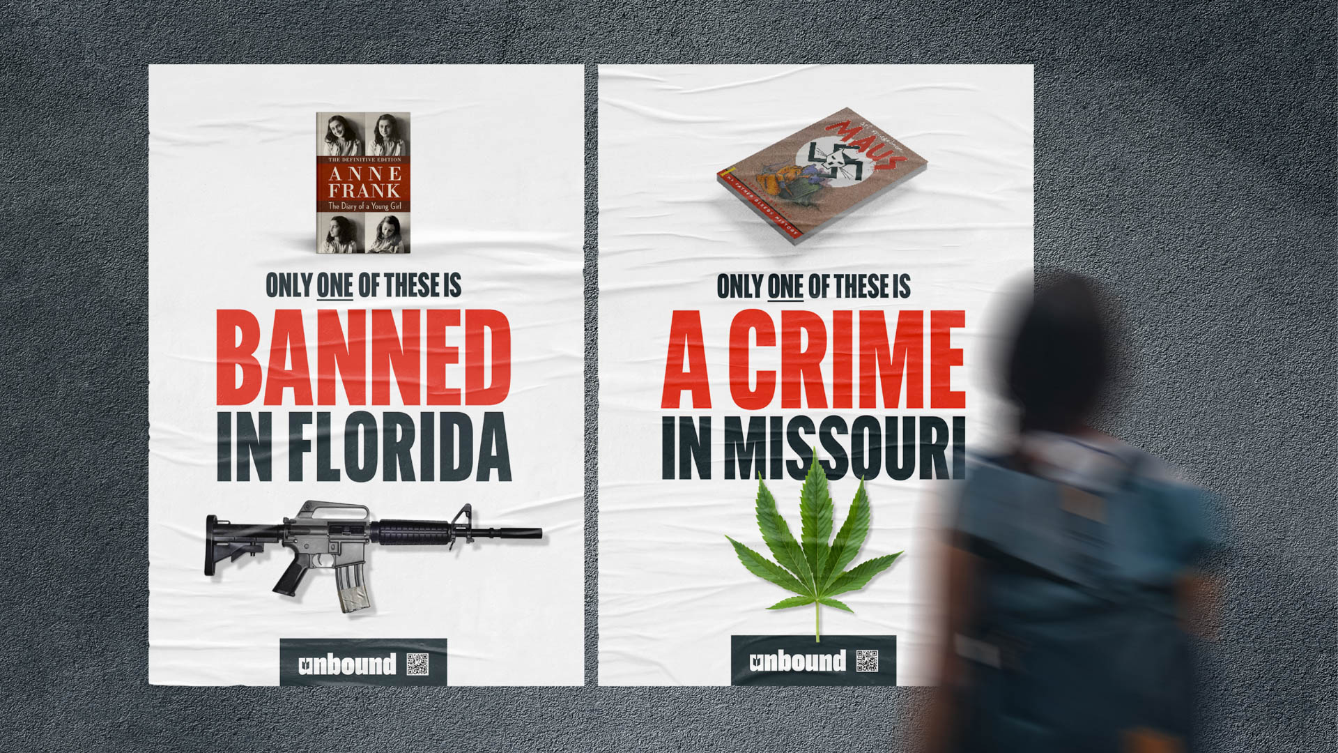 Two posters are displayed side by side on a gray wall. The left poster reads “ONLY ONE OF THESE IS BANNED IN FLORIDA” with a black rifle image and “cunbound” at the bottom. The right poster reads “ONLY ONE OF THESE IS A CRIME IN MISSOURI” with a marijuana leaf image and “cunbound” at the bottom. A blurred person walks past the posters.