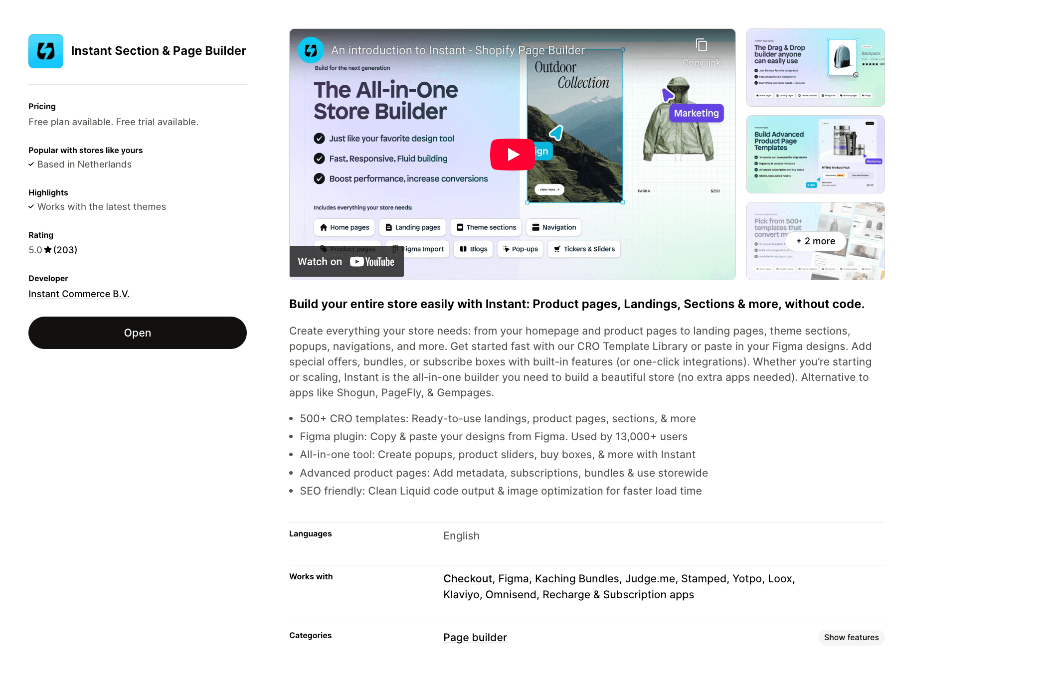 Instant section and page builder Shopify app