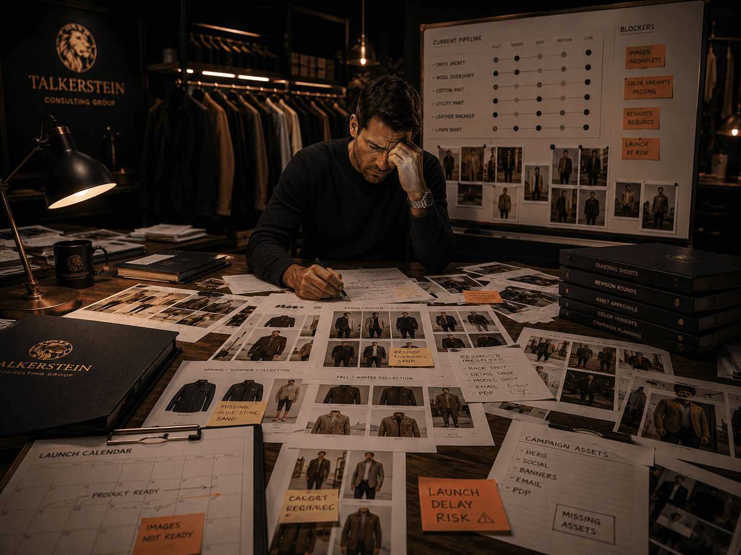 Fashion marketing manager reviewing stacks of product photography proofs, revision requests, and launch materials at a dark walnut desk, while apparel collections hang ready in the background and incomplete image assets delay a planned product launch.