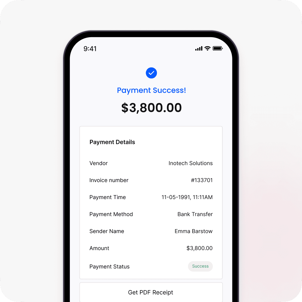 Mobile screen showing successful payment confirmation for $3,800, including payment details such as vendor, invoice number, payment time, method, and status.