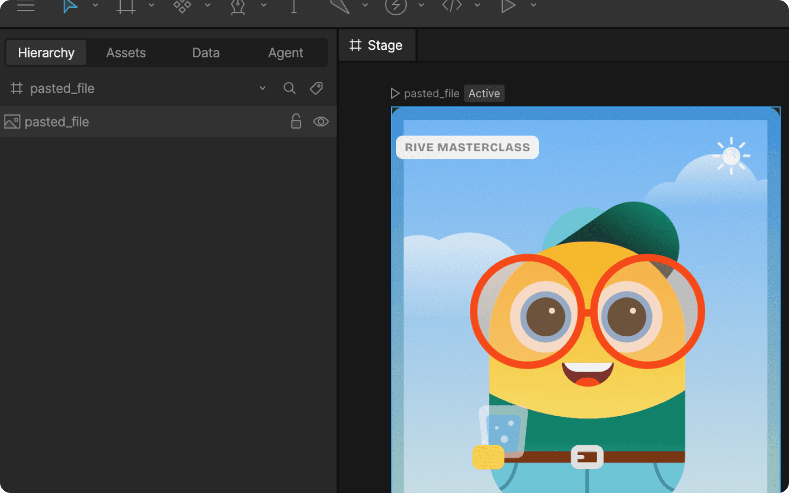 Rive workspace with a pasted Figma image inside a new auto-generated Artboard
