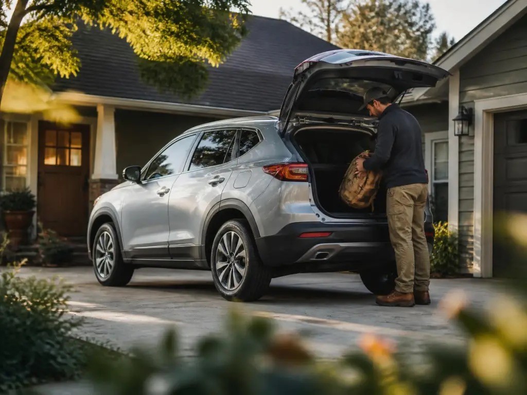 A Flexcar member loading the back of an SUV in their driveway