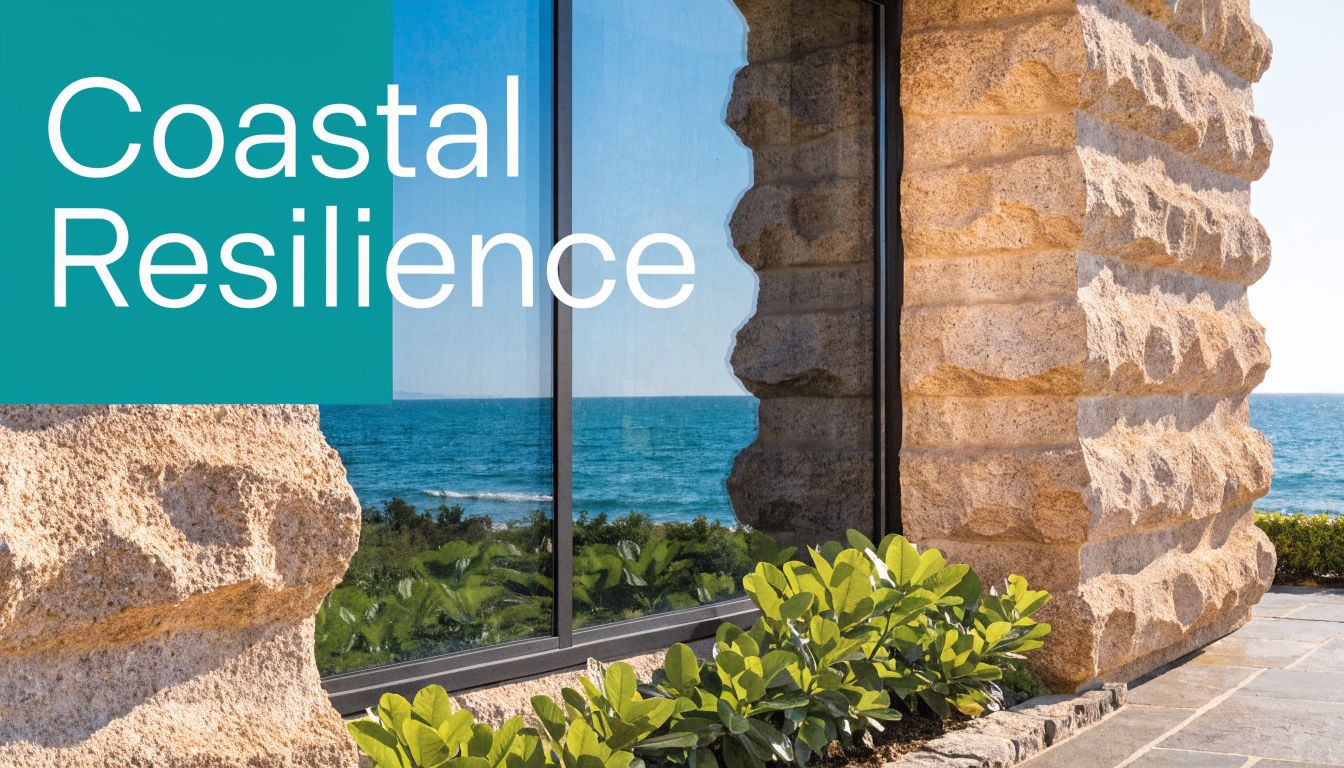 A modern building exterior featuring stacked stone walls, large reflective glass windows, and lush green plants.