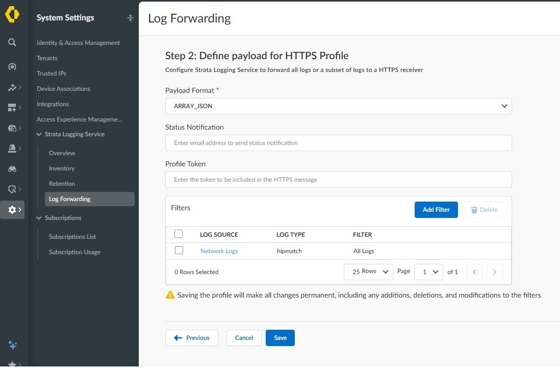 SCM Step 2 payload filters with a per-log-type filter.
