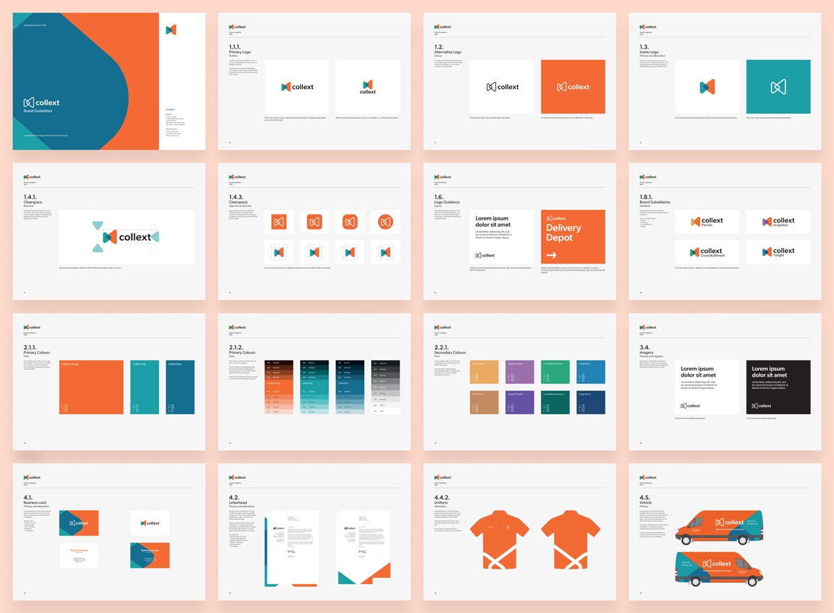 Brand guidelines for logisitics company Collext, including logo variations, colour palettes, and marketing materials